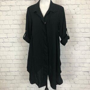 Fridaze Hidden Button Long Linen Jacket Size S Black Pockets Oversized